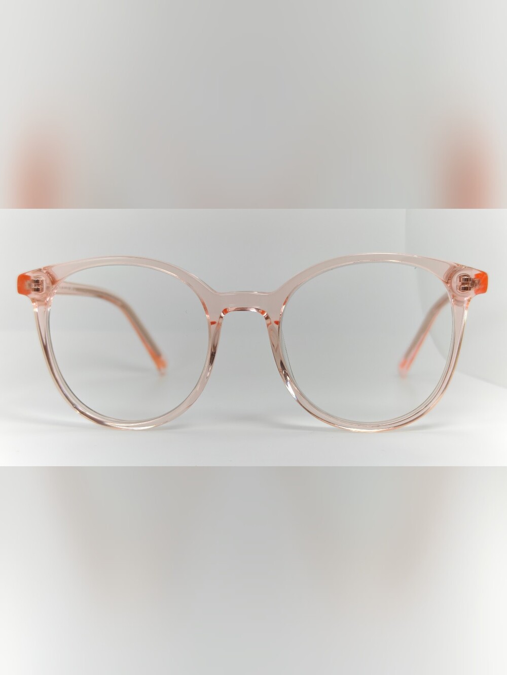 Noun. Transparent Pink Round Women's Eyeglasses. Minimalist..